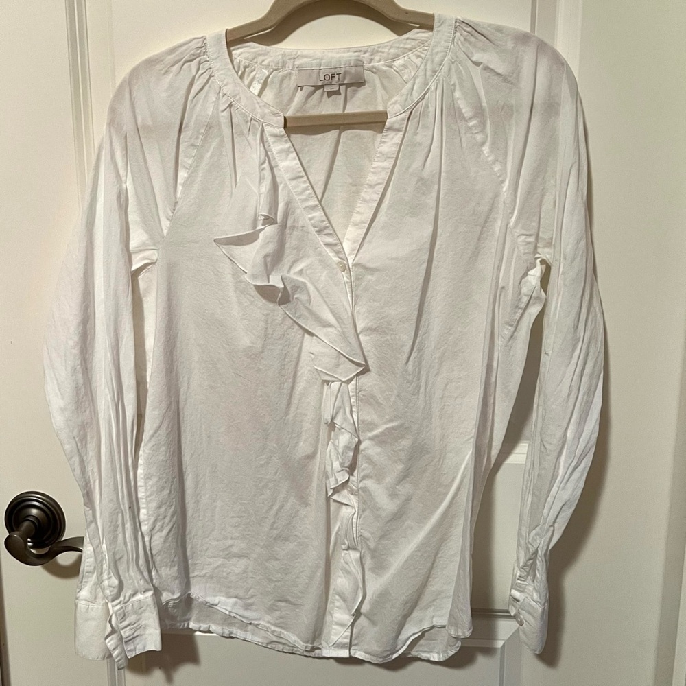 White Cotton blouse with Ruffle detail from Ann Taylor Loft